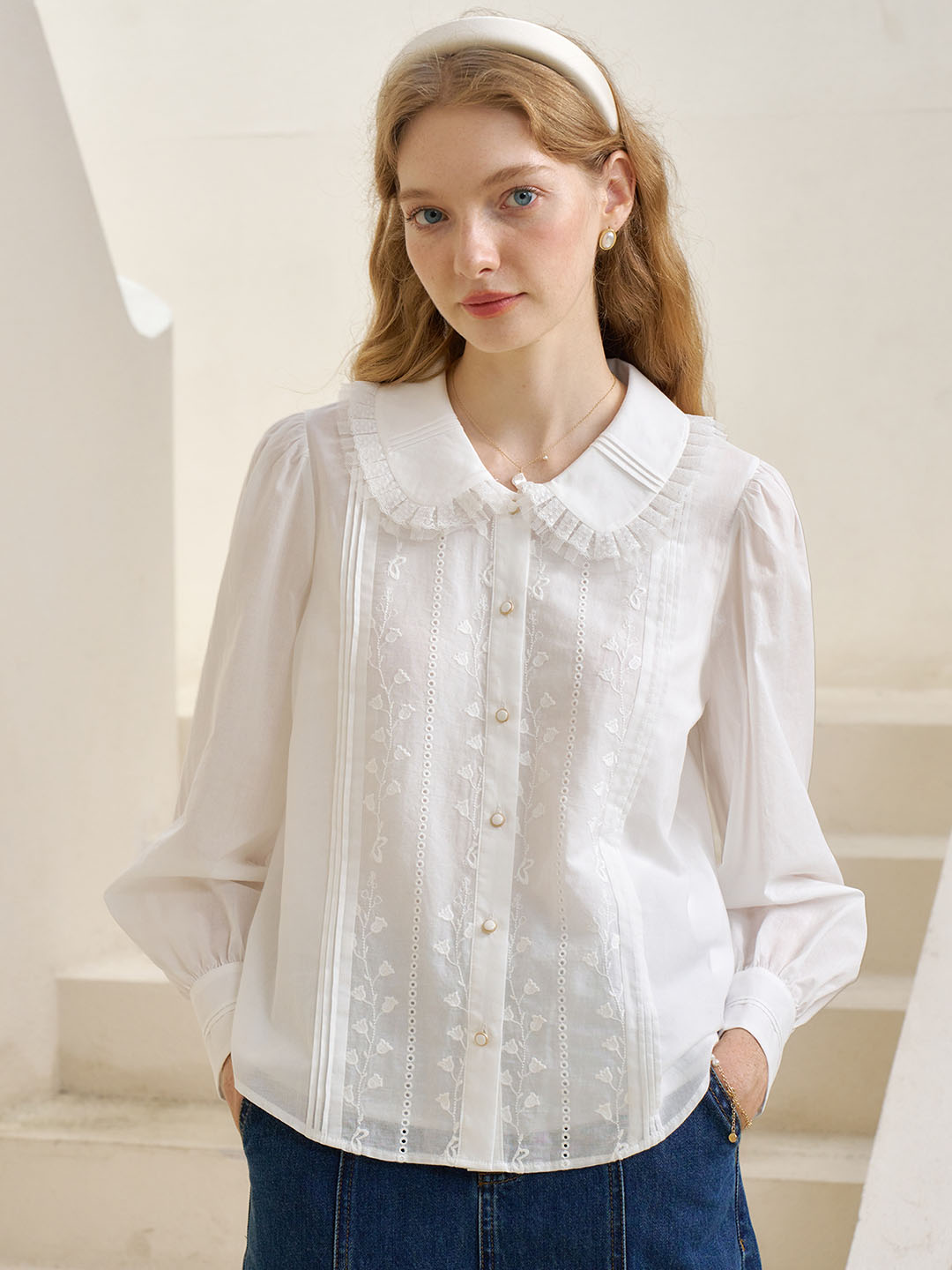 Jazmine Peter Pan Collar Lace Panel Embroidered Cotton Blouse