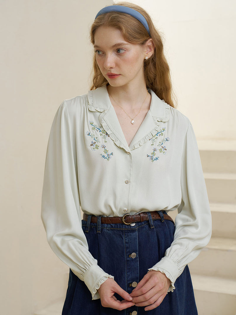 Convallaria Floral Embroidered Light Green Puff Top