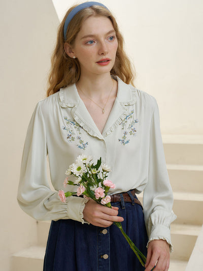 Convallaria Floral Embroidered Light Green Puff Top