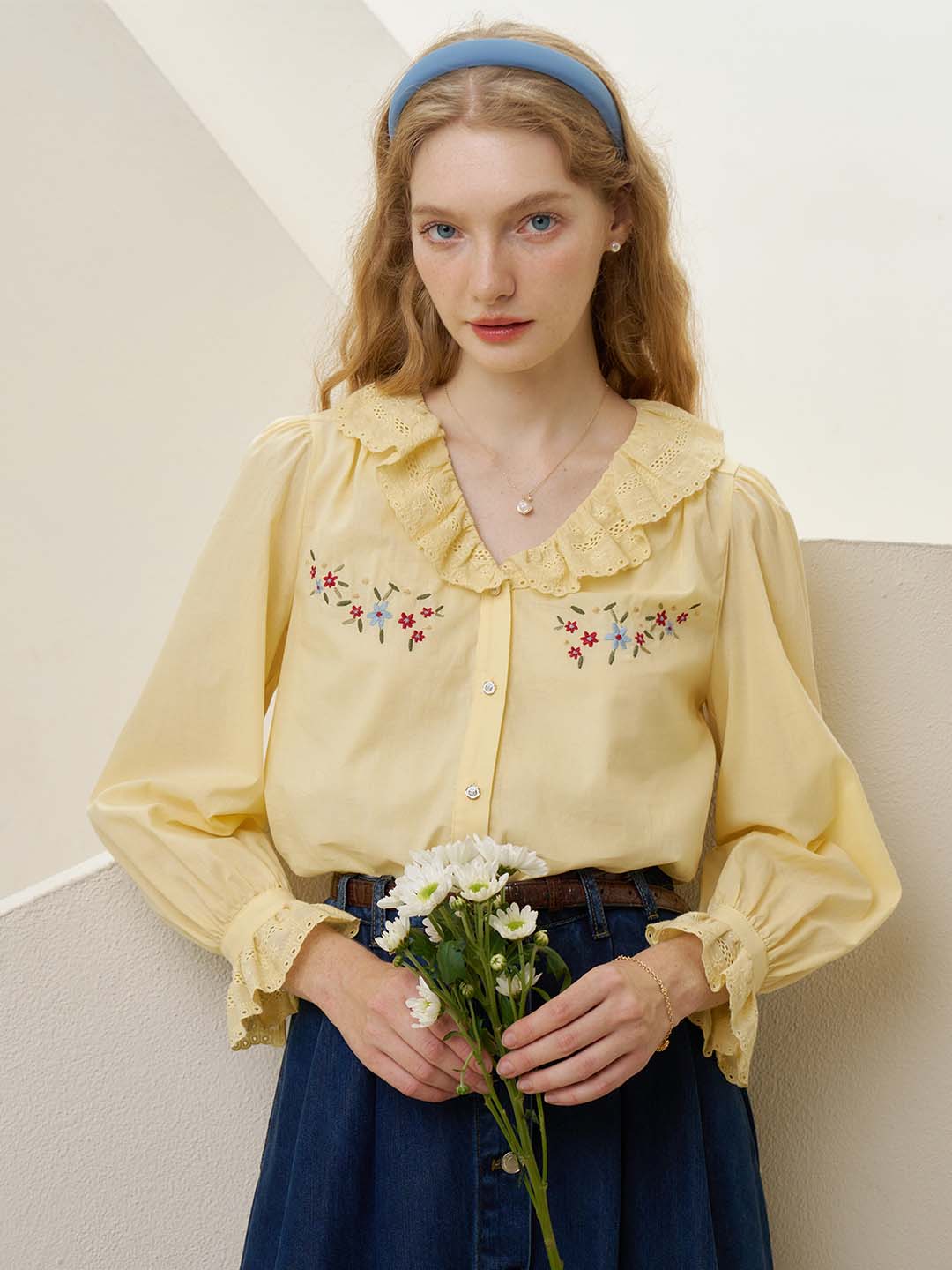 【Final Sale】Addilyn Embroidered Lace Collar Yellow Blouse