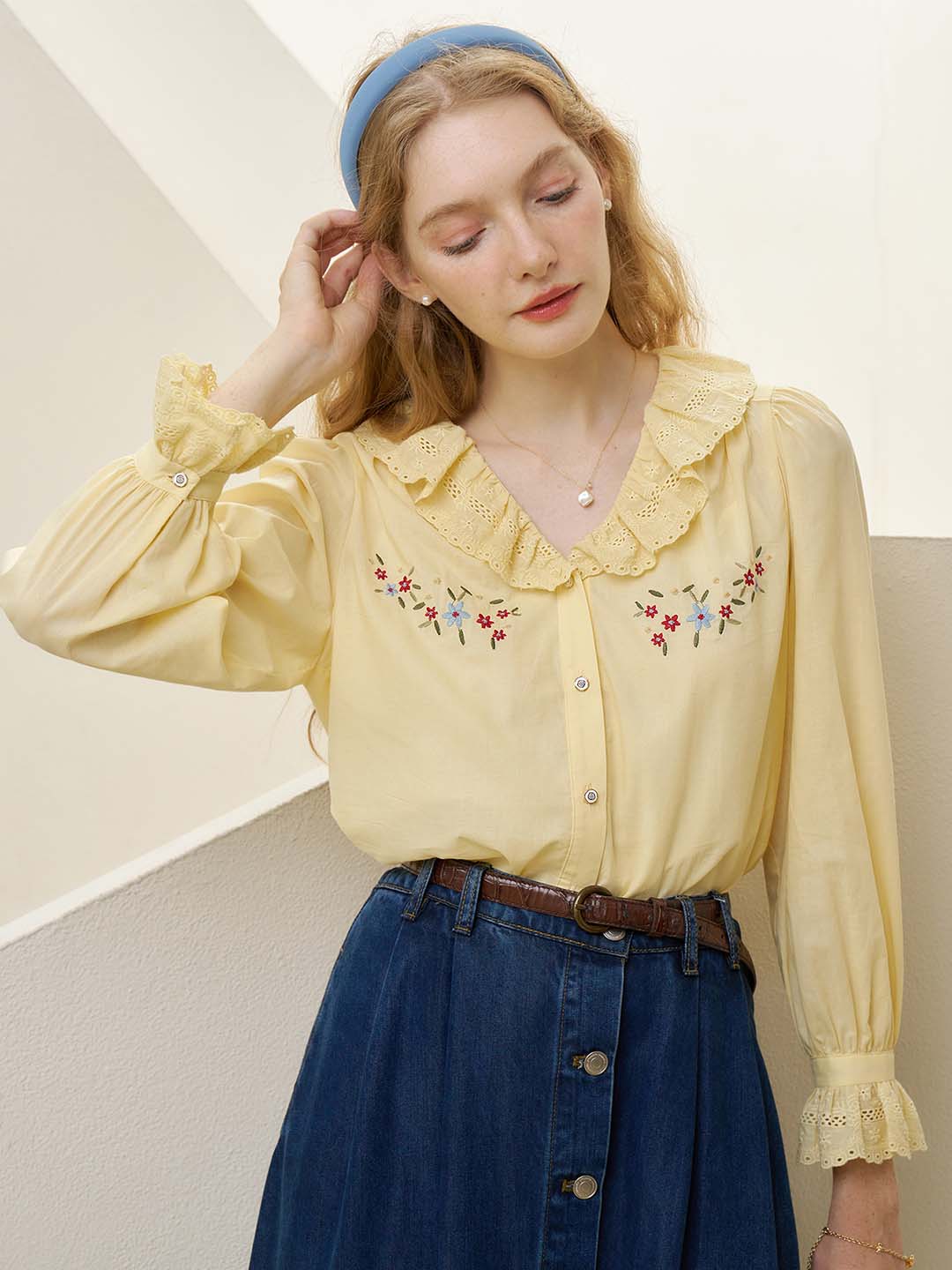 【Final Sale】Addilyn Embroidered Lace Collar Yellow Blouse