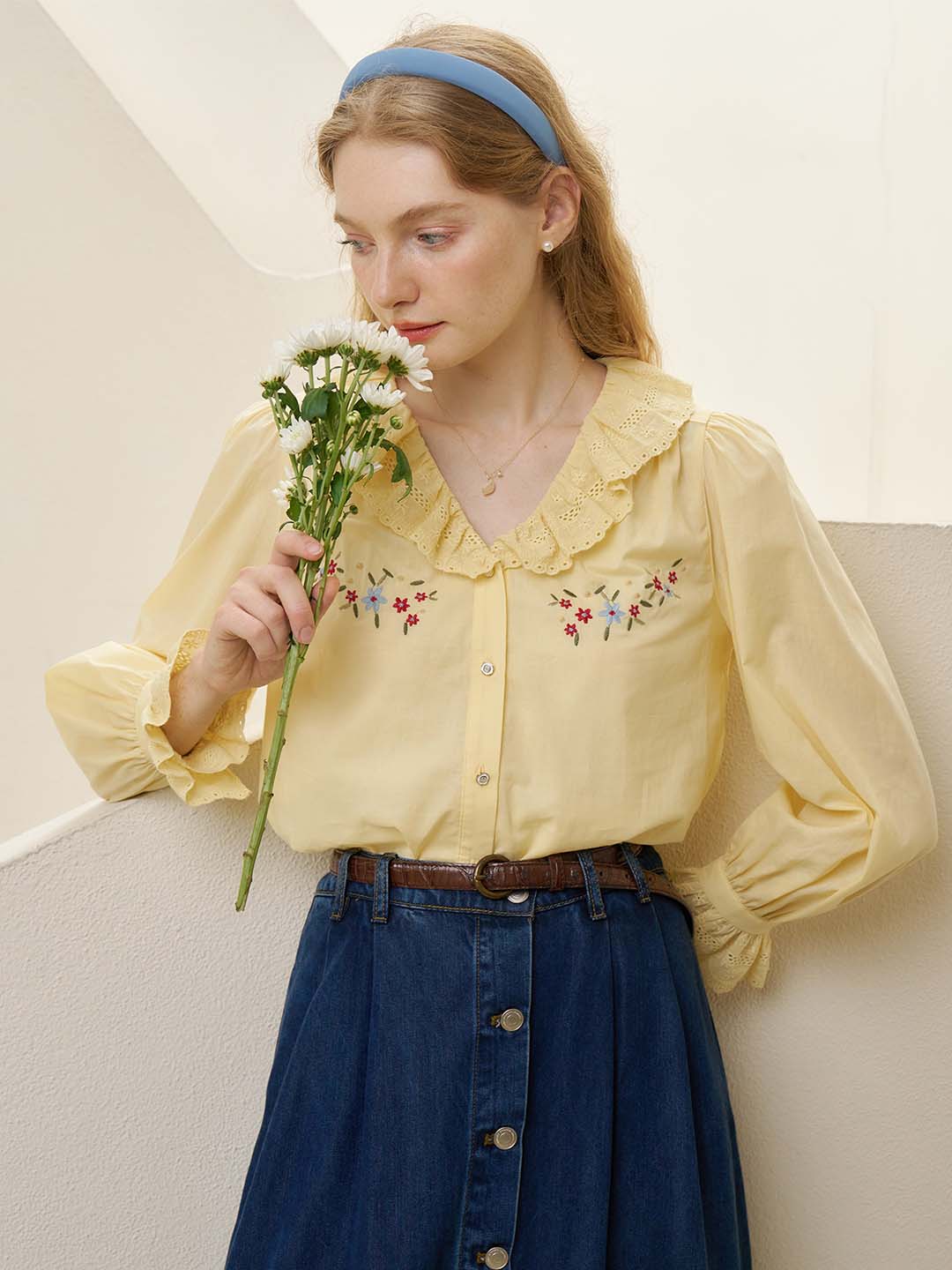 【Final Sale】Addilyn Embroidered Lace Collar Yellow Blouse