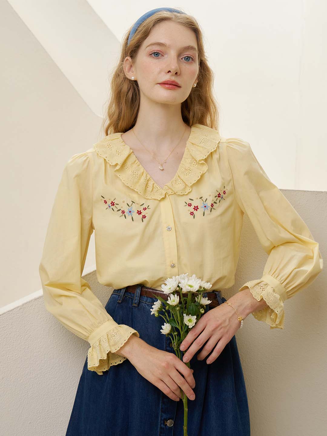 【Final Sale】Addilyn Embroidered Lace Collar Yellow Blouse