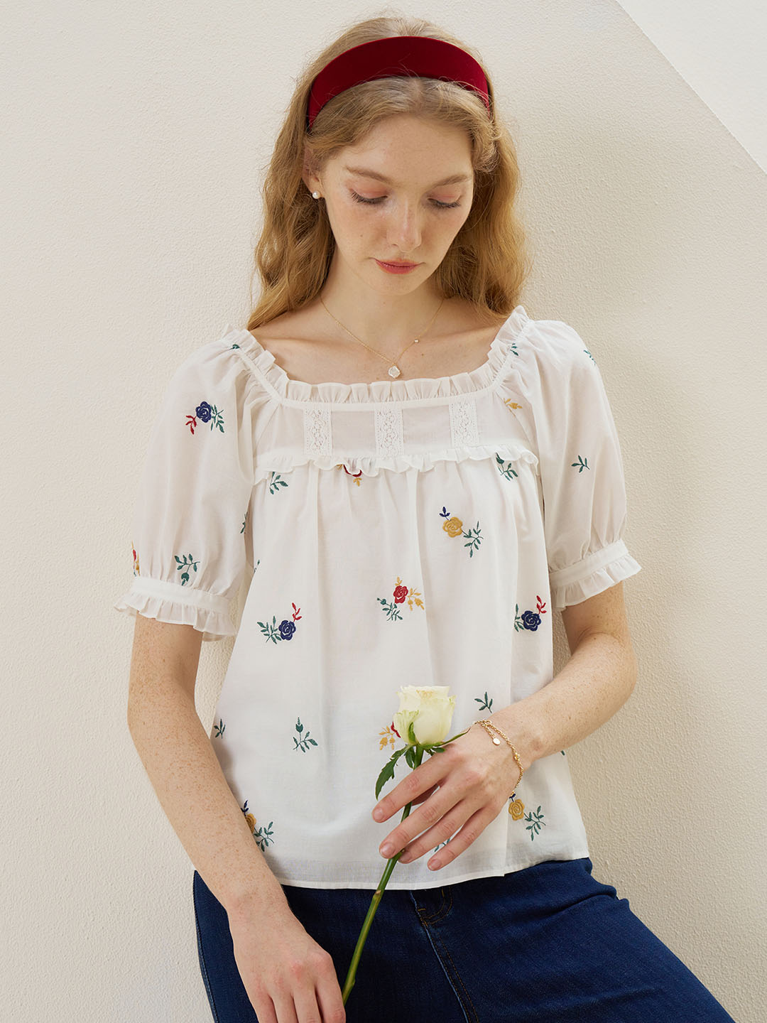 Khalani Colorful Rose Embroidered Puff Sleeve Cotton Blouse