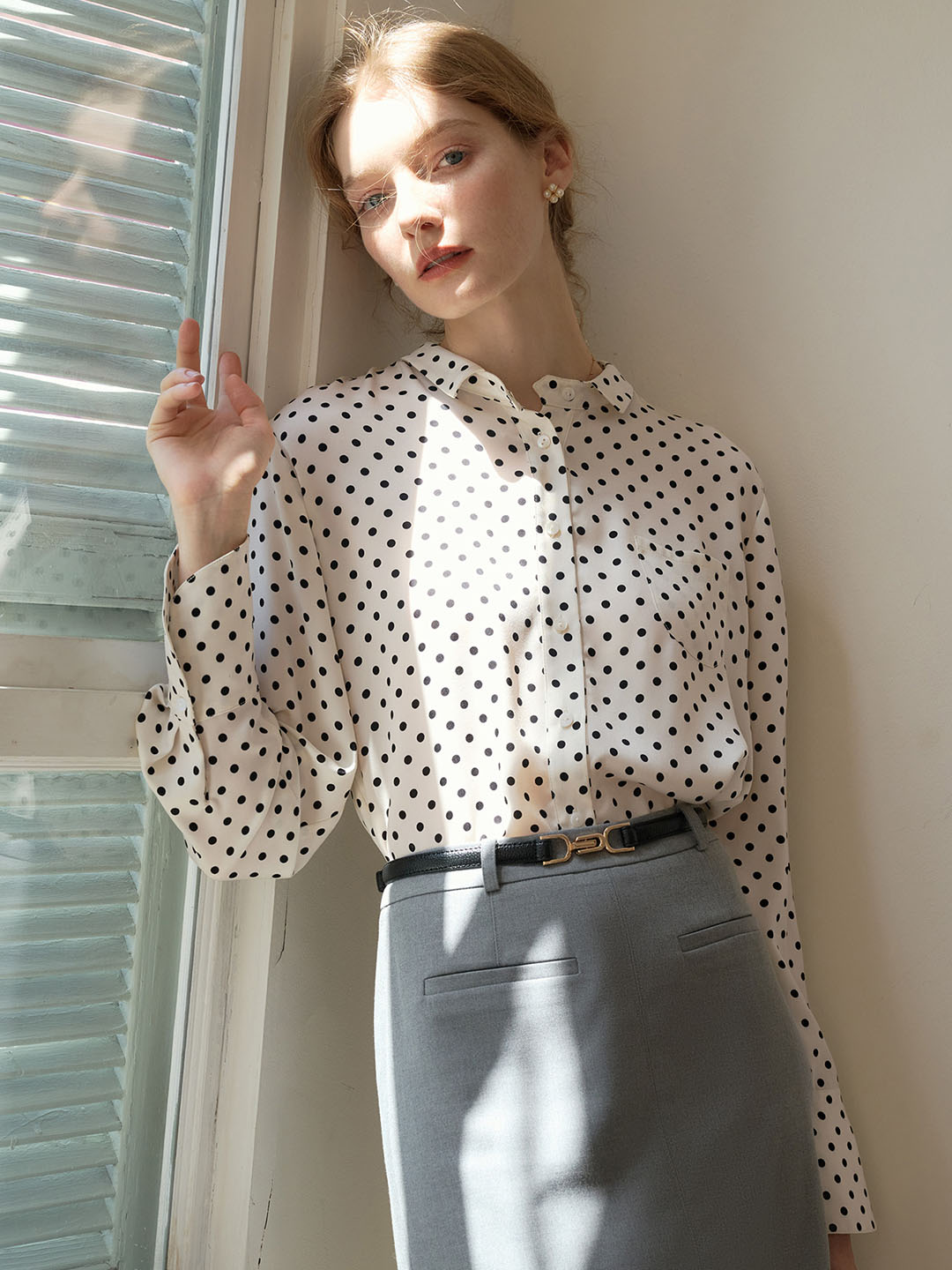 Barbara French Cuffs Polka Dot Small Lapel Blouse