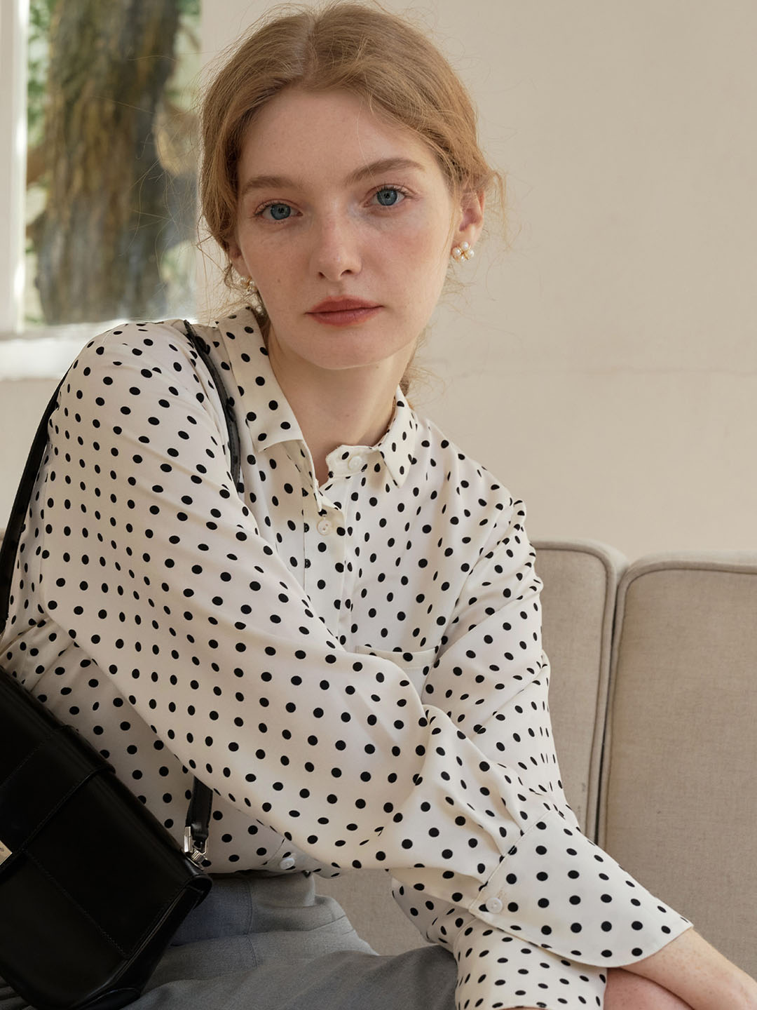 Barbara French Cuffs Polka Dot Small Lapel Blouse