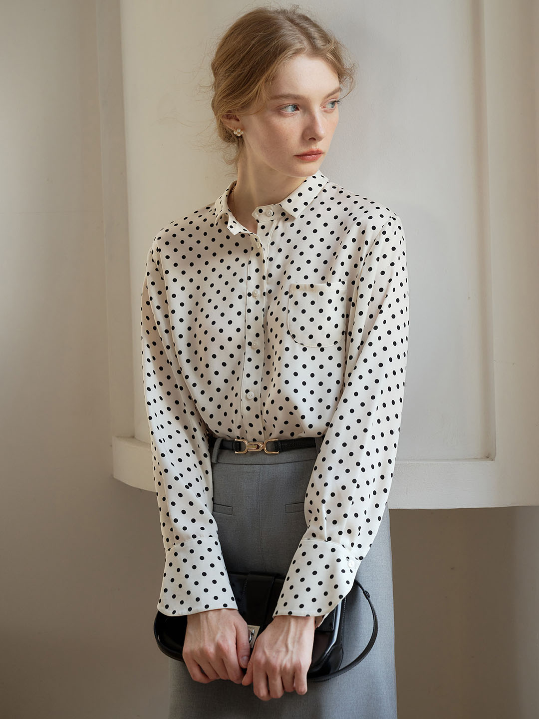 Barbara French Cuffs Polka Dot Small Lapel Blouse