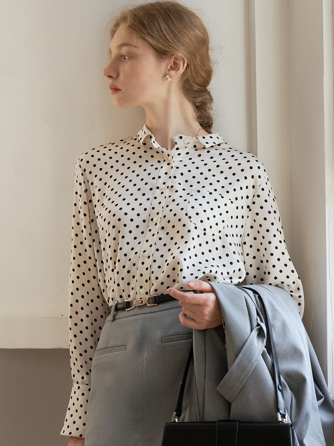 Barbara French Cuffs Polka Dot Small Lapel Blouse