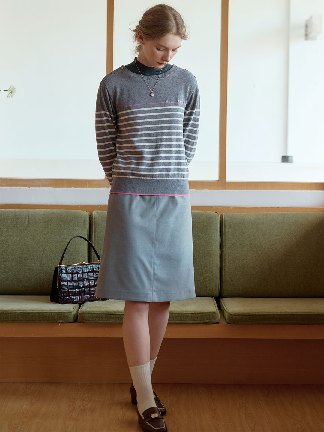 【Final Sale】Nori Vintage Striped Contrast Crewneck Knit Top-Grey