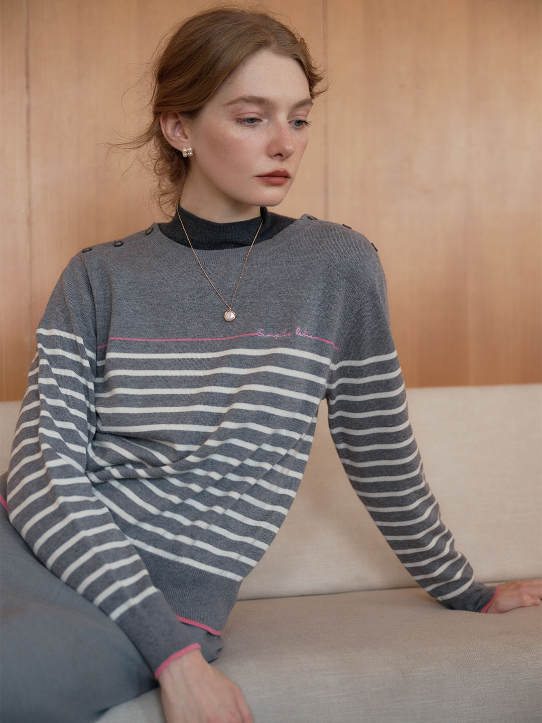 【Final Sale】Nori Vintage Striped Contrast Crewneck Knit Top-Grey