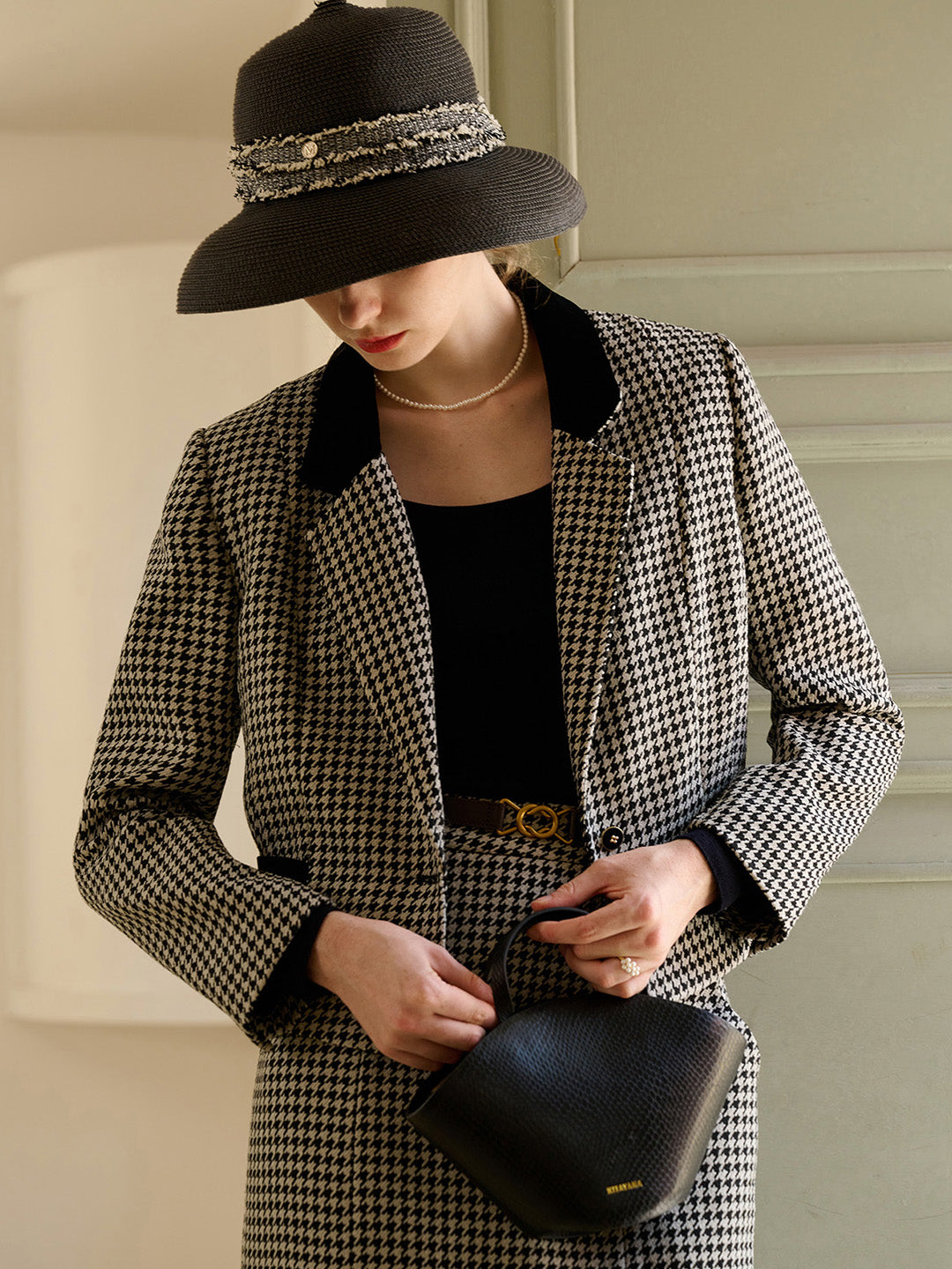 【Final Sale】Melanie Notched Lapel Houndstooth Coat