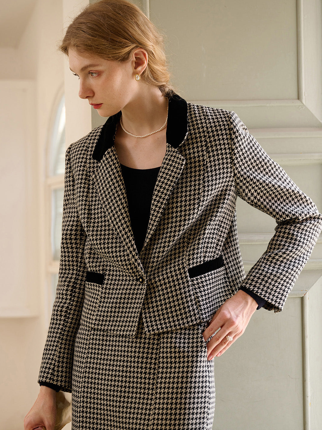 【Final Sale】Melanie Notched Lapel Houndstooth Coat