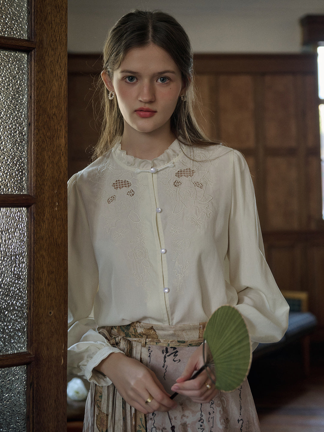 Jaylani Trim Round Neck Hollow Rose Embroidered Lace Blouse