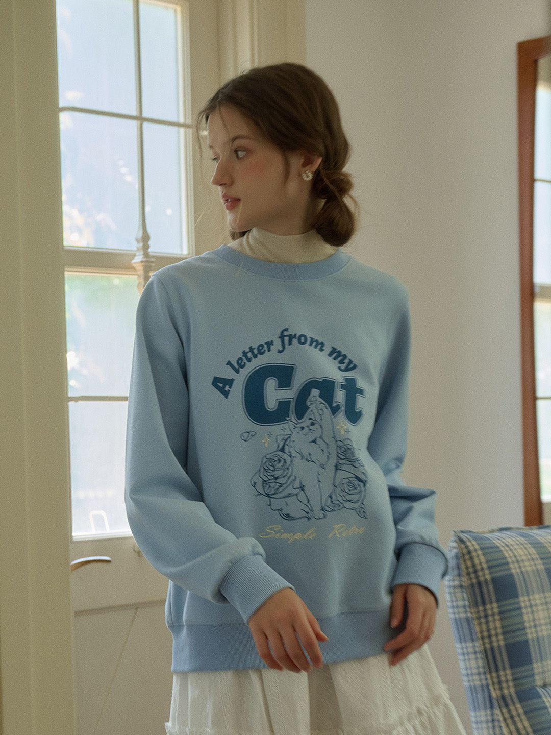 Kaeli Exclusive Design Cat Print Classic Crew Neck Sweatshirt