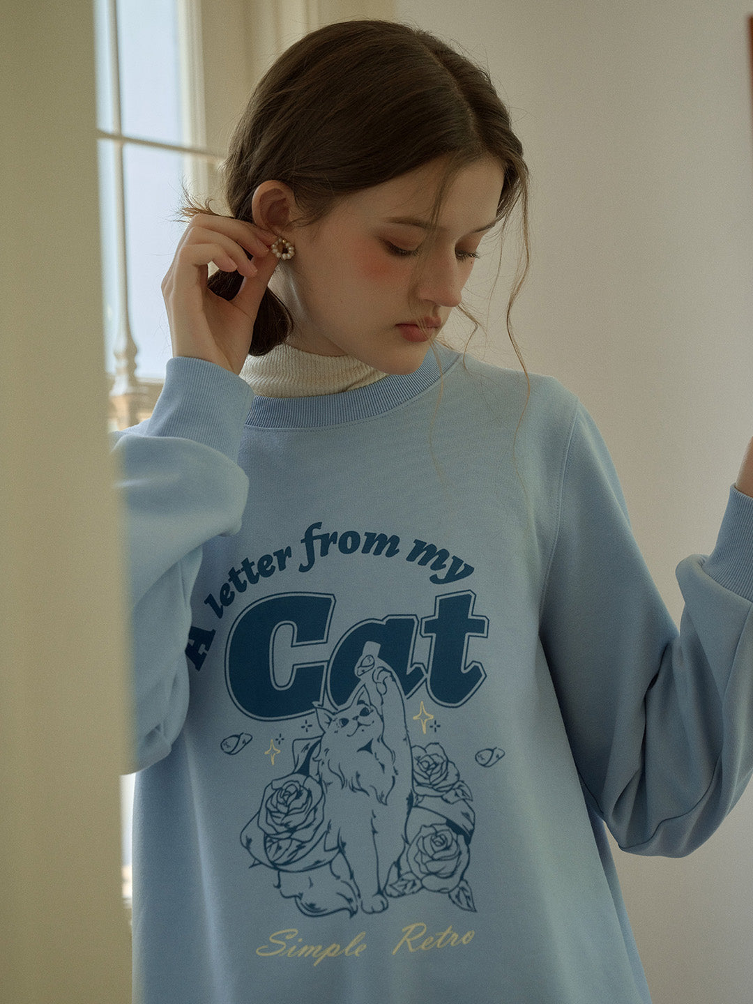 Kaeli Exclusive Design Cat Print Classic Crew Neck Sweatshirt