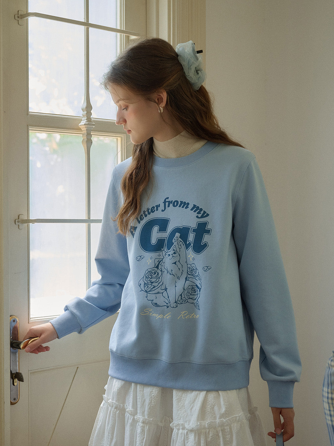 Kaeli Exclusive Design Cat Print Classic Crew Neck Sweatshirt