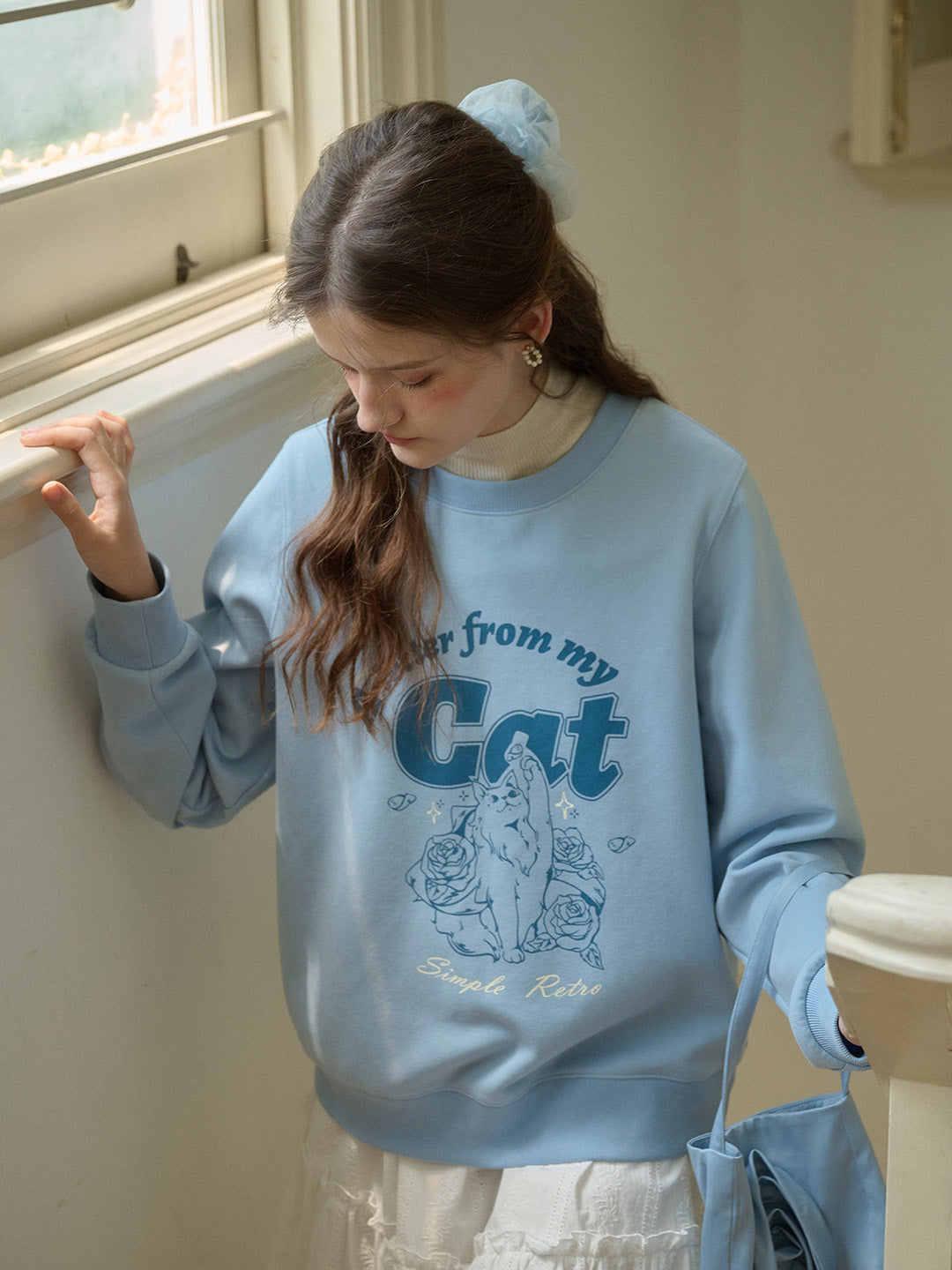 Kaeli Exclusive Design Cat Print Classic Crew Neck Sweatshirt