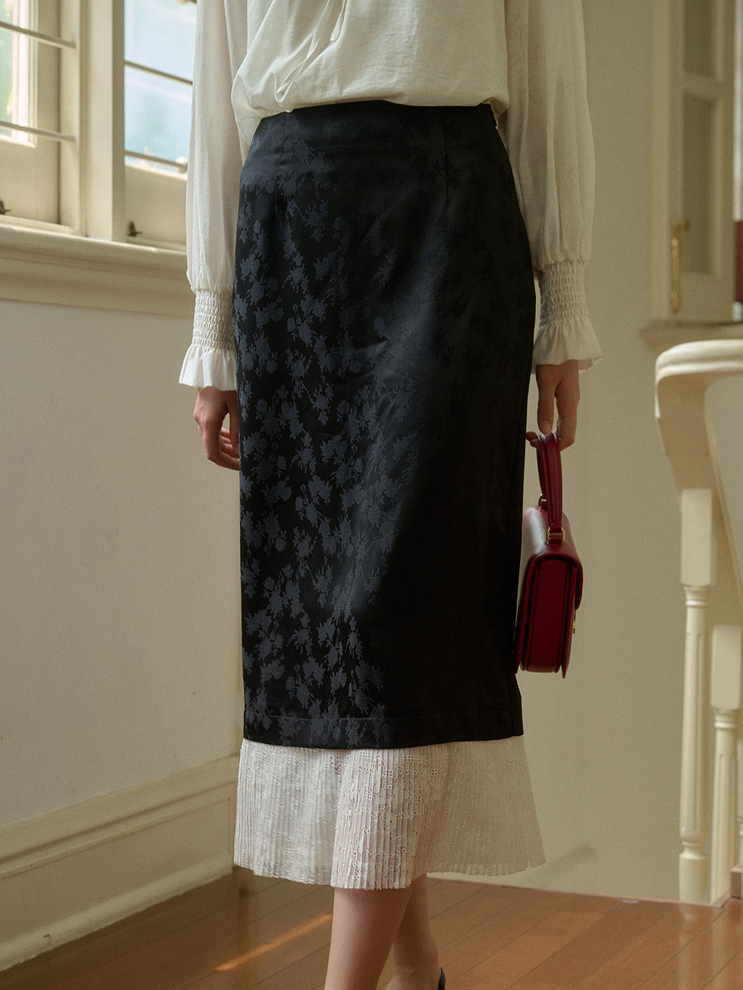 Laney Satin Jacquard Contrast Lace Panel Skirt