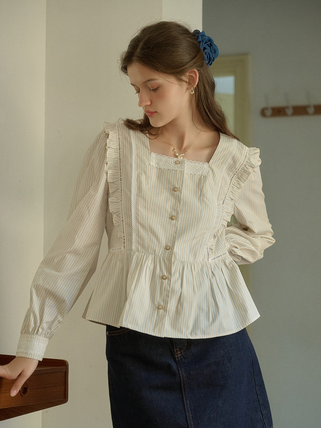 Jazmin French Square Neck Lace Trim Striped Blouse