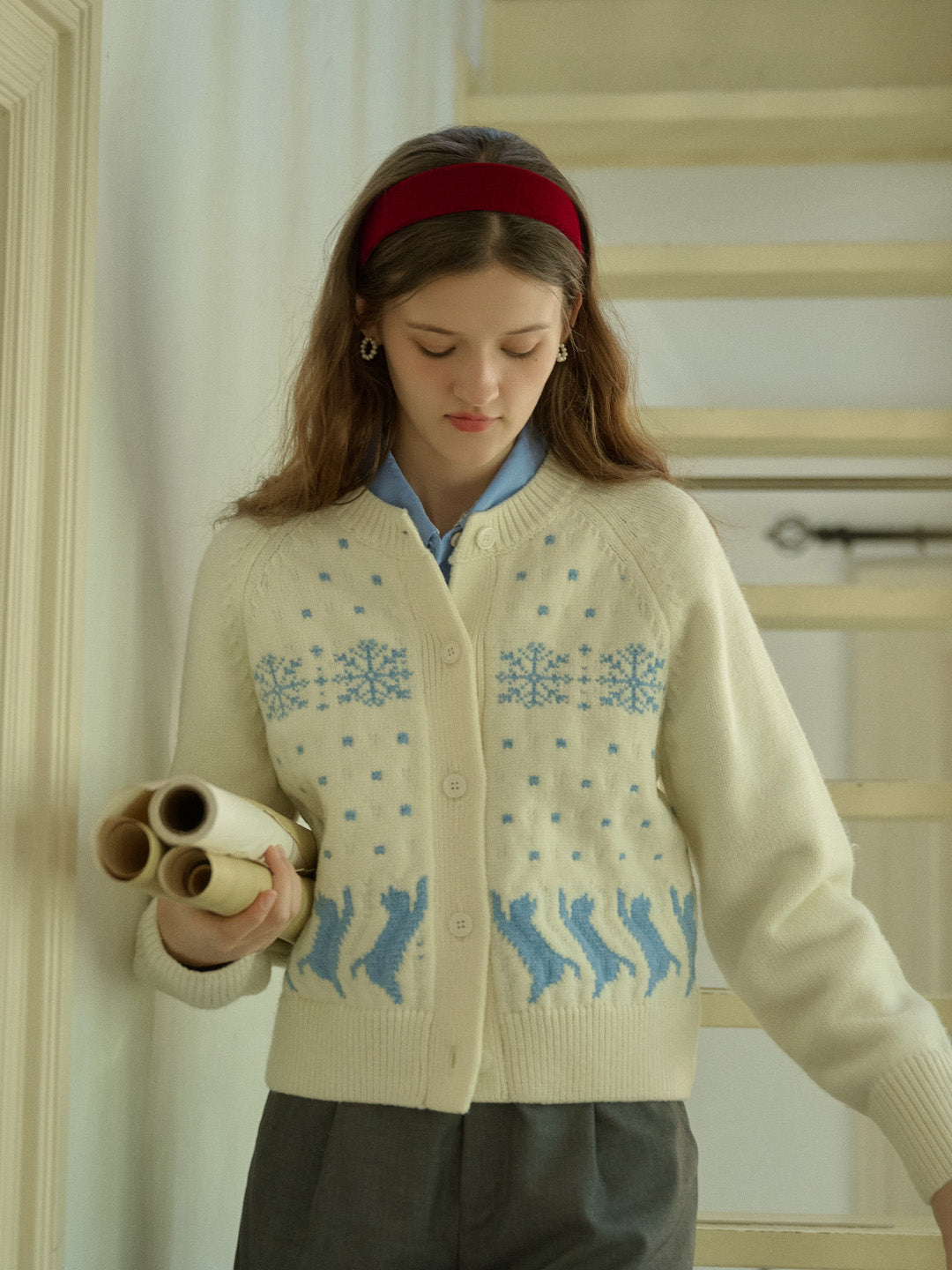 Aleena Fair Isle Classic Crew Neck Cat Snowflake Contrast Cardigan