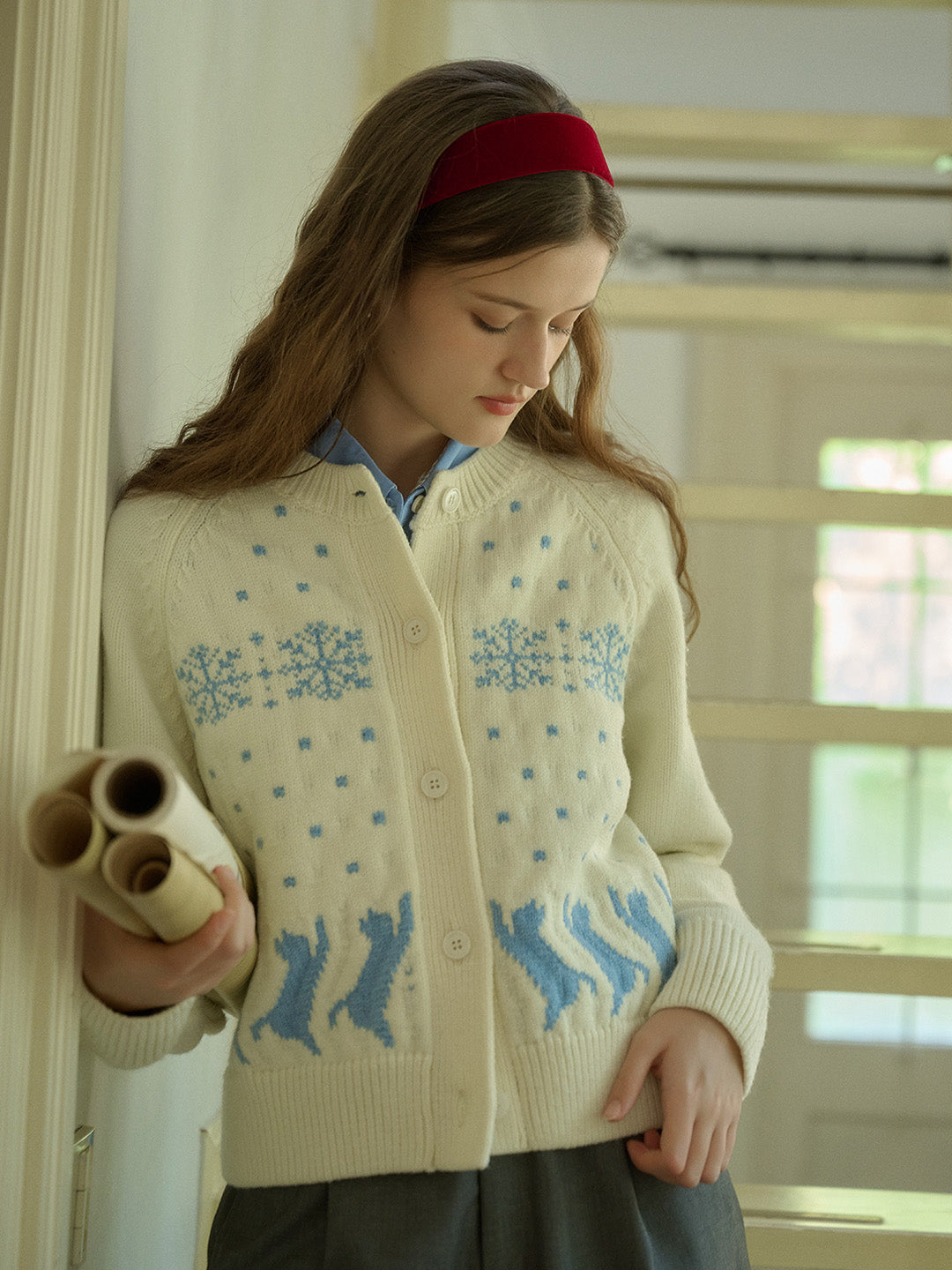 Aleena Fair Isle Classic Crew Neck Cat Snowflake Contrast Cardigan