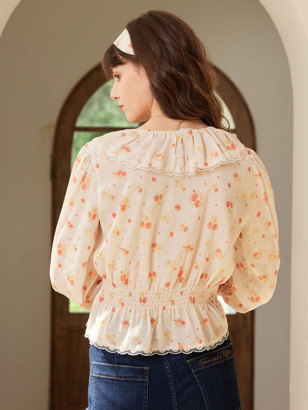 Aubriella V Neck Lace Panel Floral Print Blouse