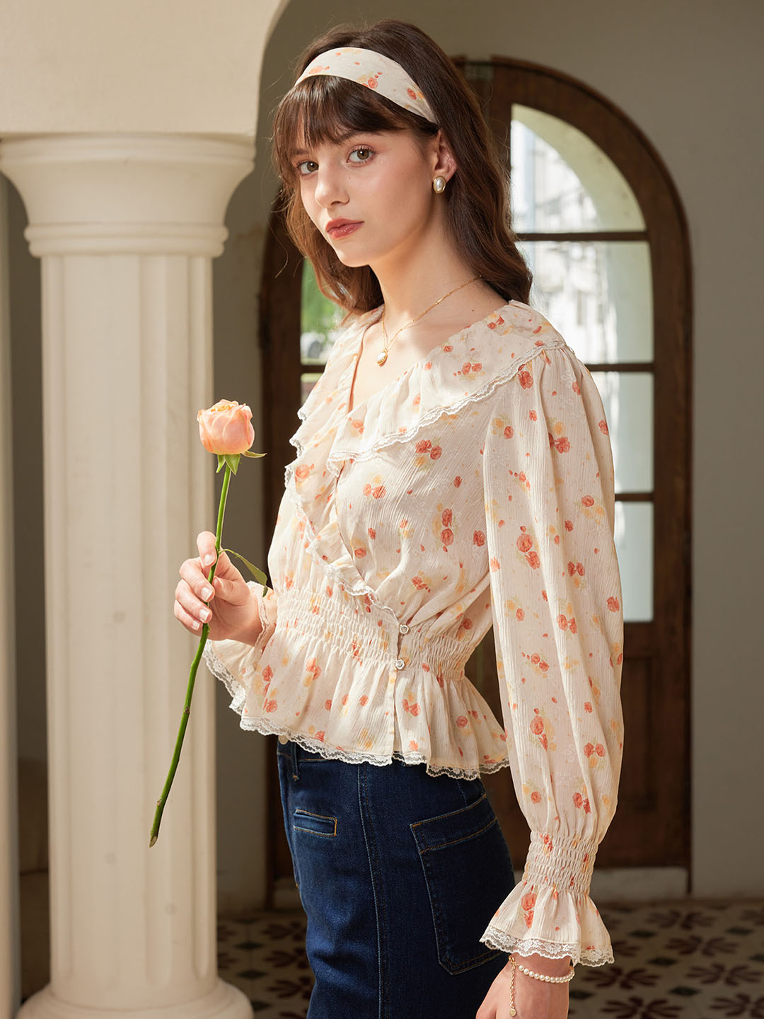 Aubriella V Neck Lace Panel Floral Print Blouse