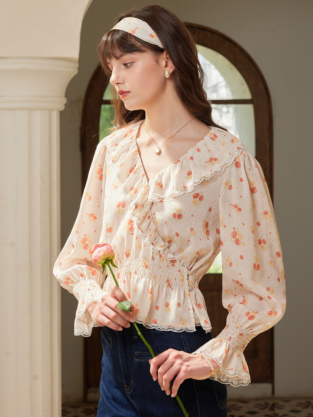 Aubriella V Neck Lace Panel Floral Print Blouse