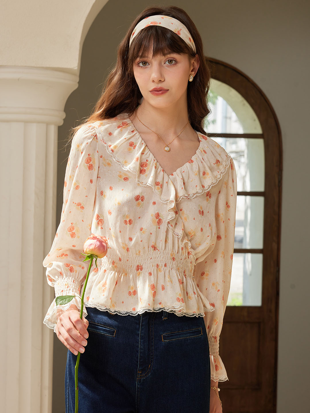 Aubriella V Neck Lace Panel Floral Print Blouse