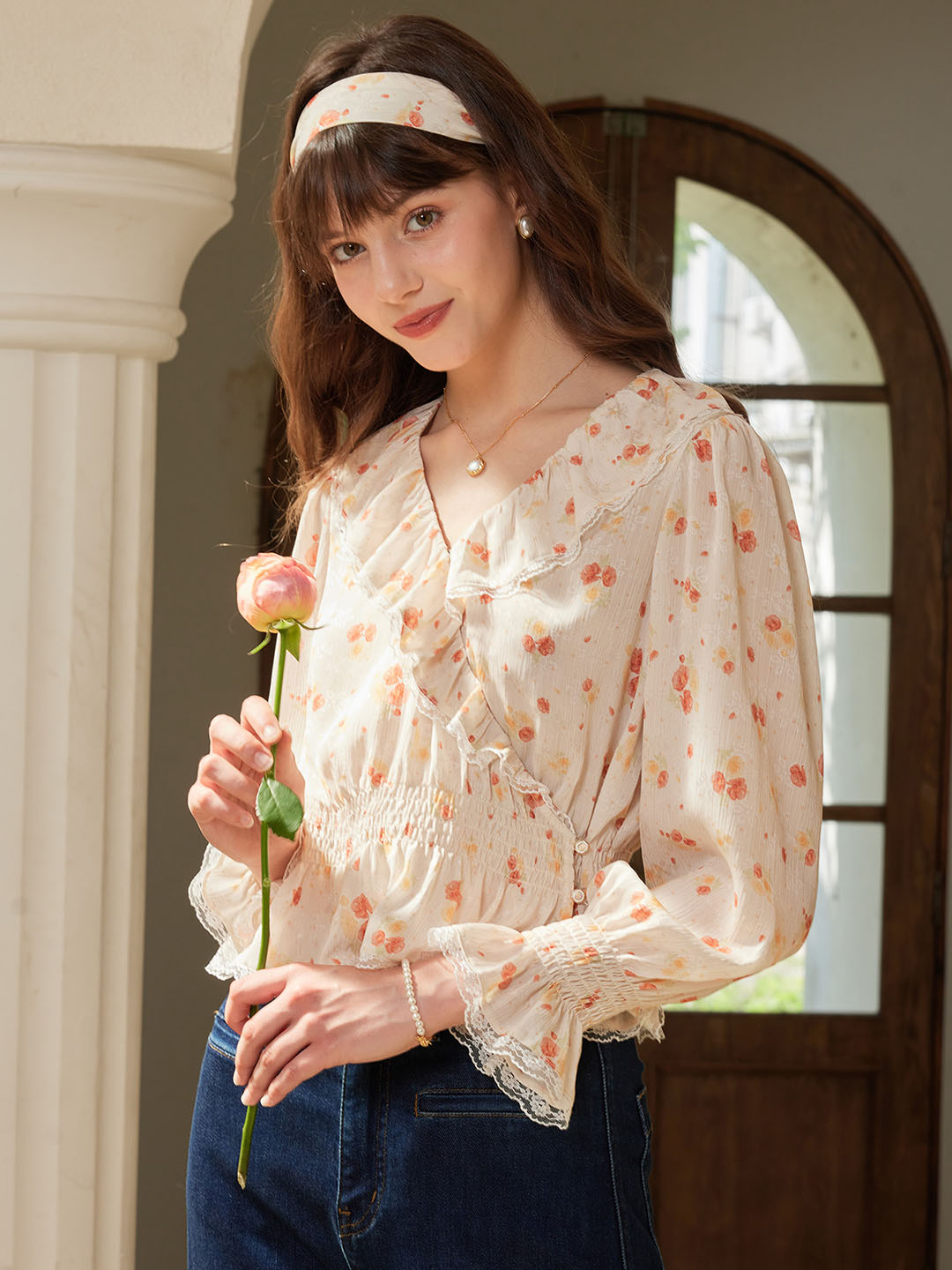 Aubriella V Neck Lace Panel Floral Print Blouse