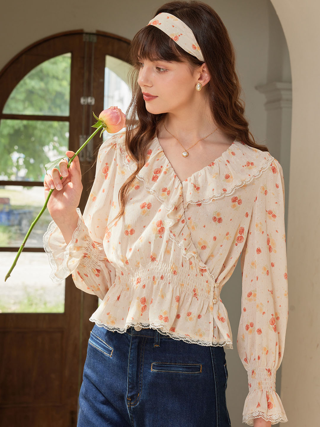 Aubriella V Neck Lace Panel Floral Print Blouse