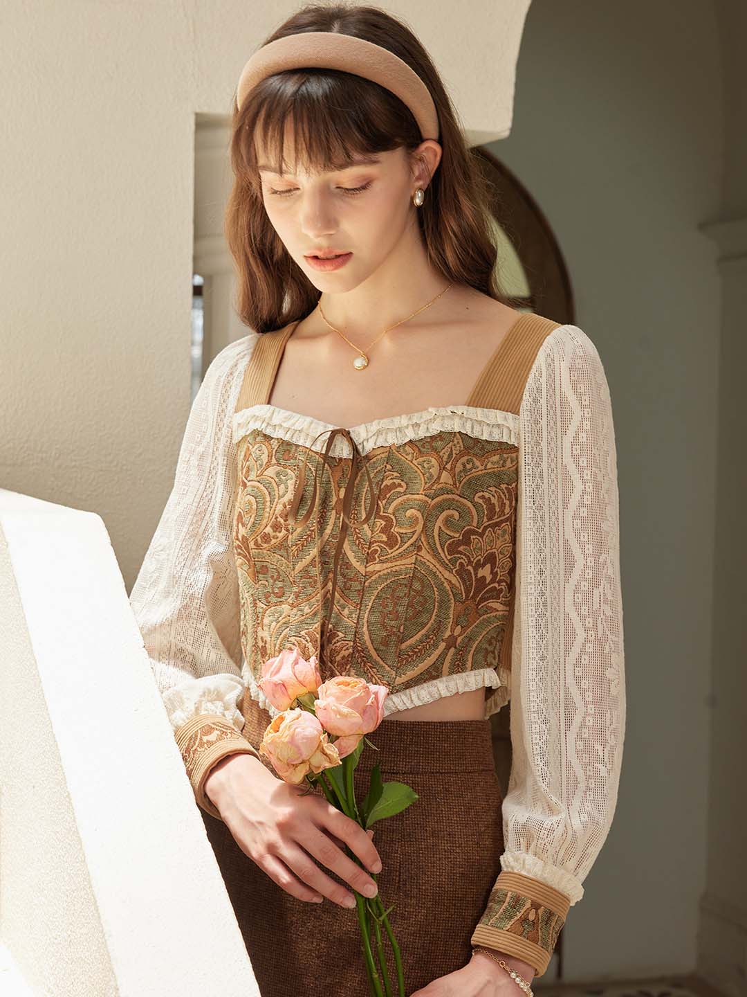 【Final Sale】Magdalena Retro Square Collar Contrast Lace Panel Blouse