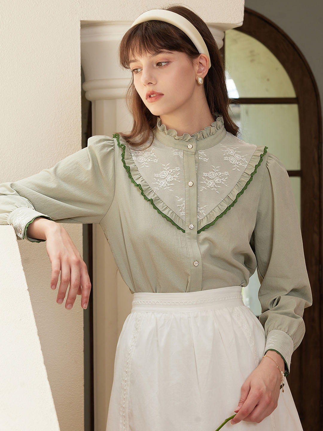 Vida Frill Trim Contrast Embroidered Blouse