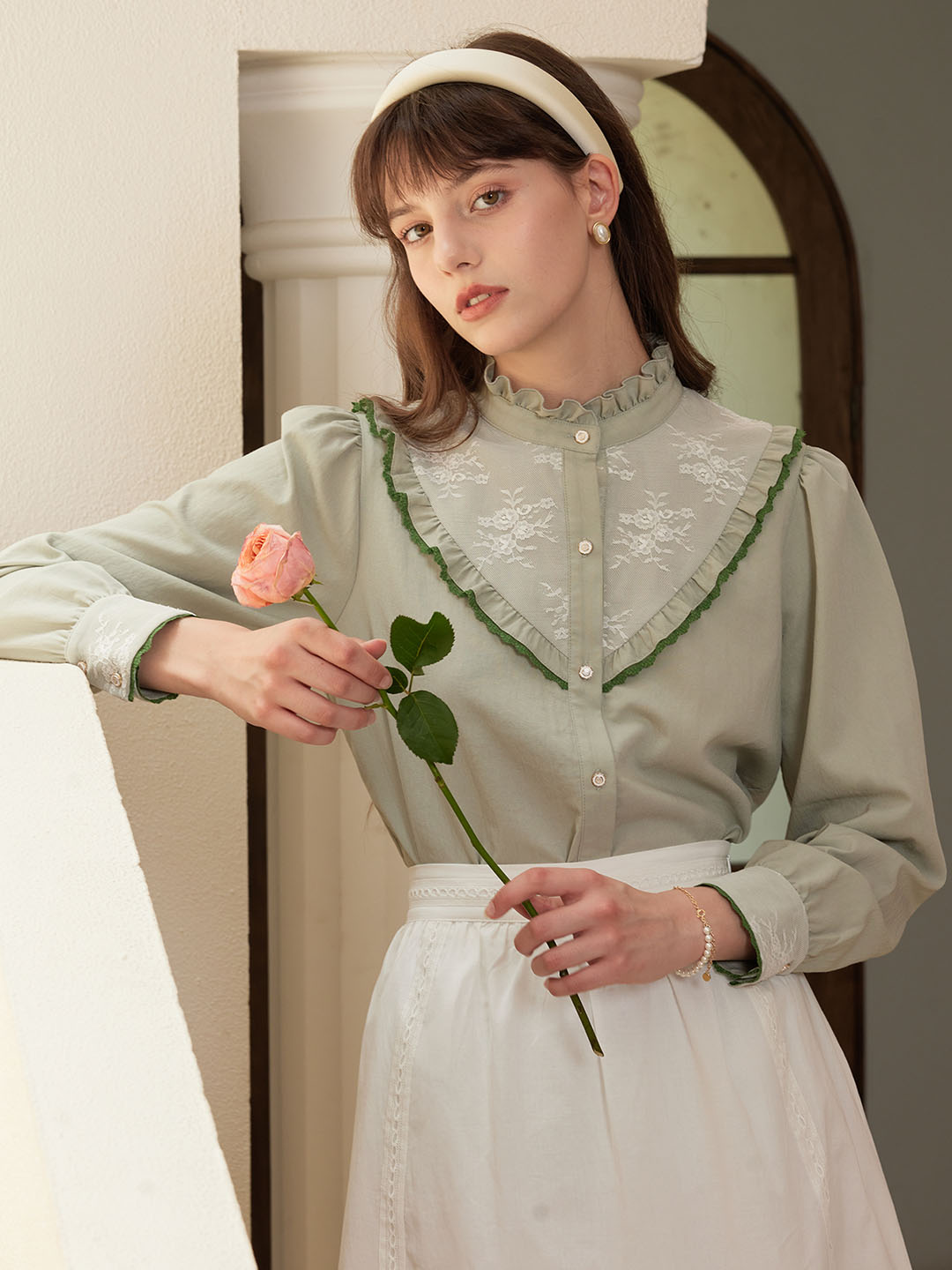 Vida Frill Trim Contrast Embroidered Blouse