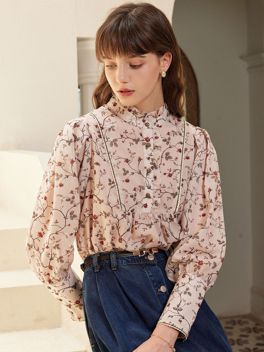 Maddie Vintage Mock Neck Ruffled Paneled Blouse