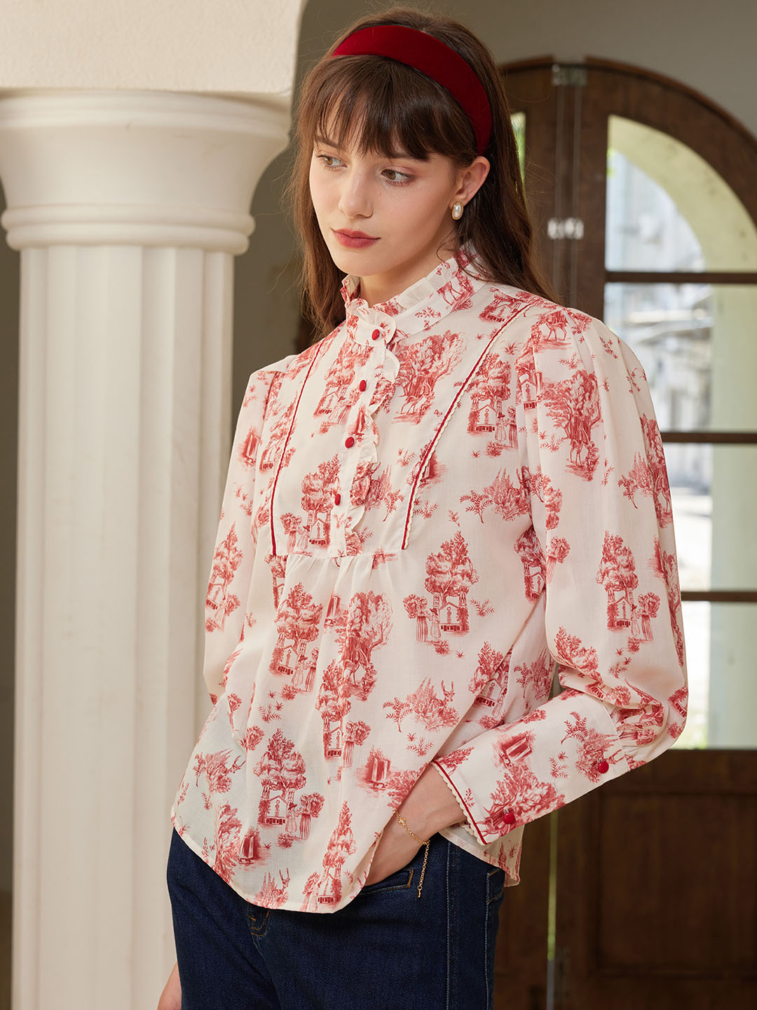 Maddie Vintage Mock Neck Ruffled Paneled Blouse