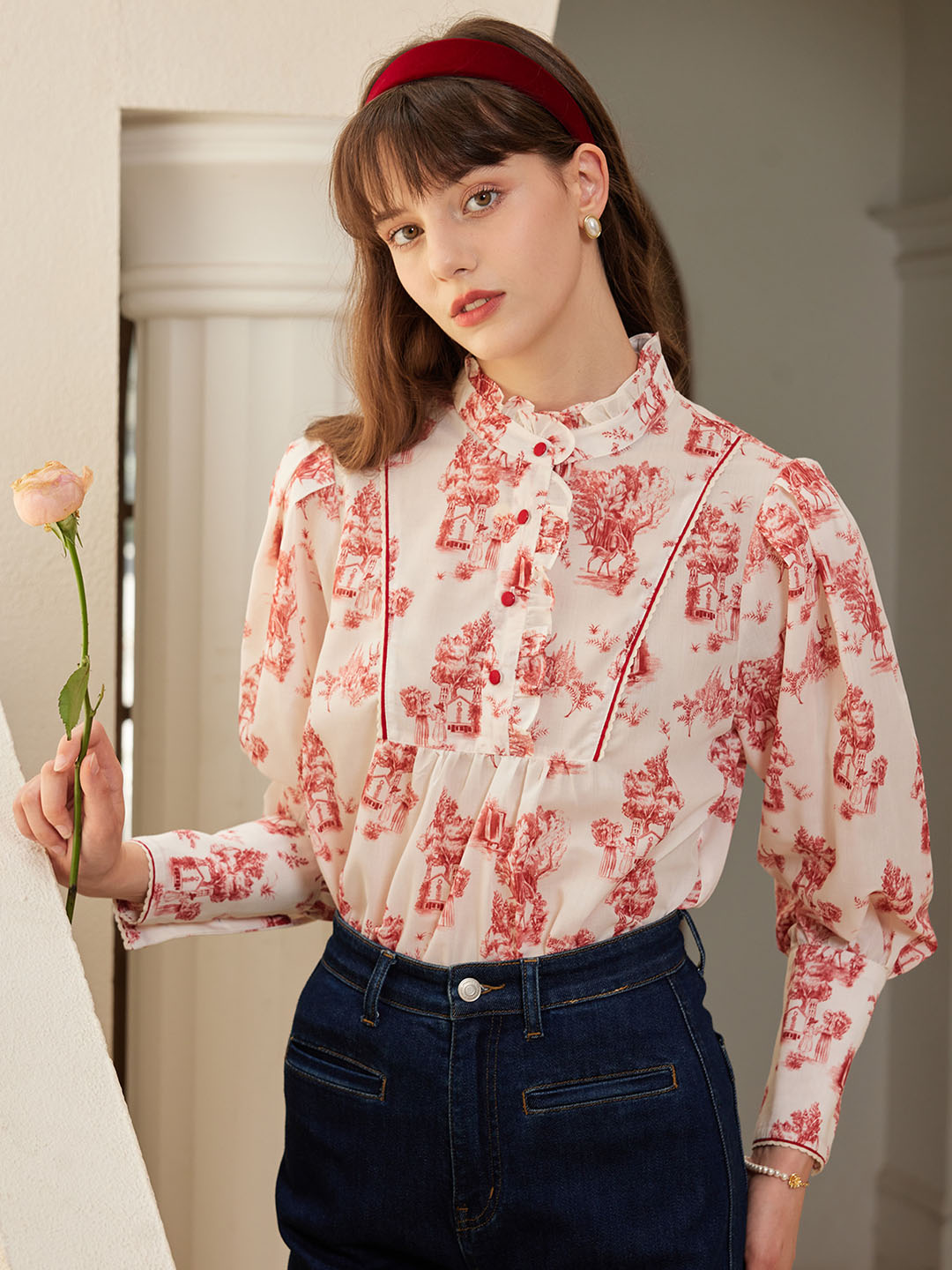 Maddie Vintage Mock Neck Ruffled Paneled Blouse