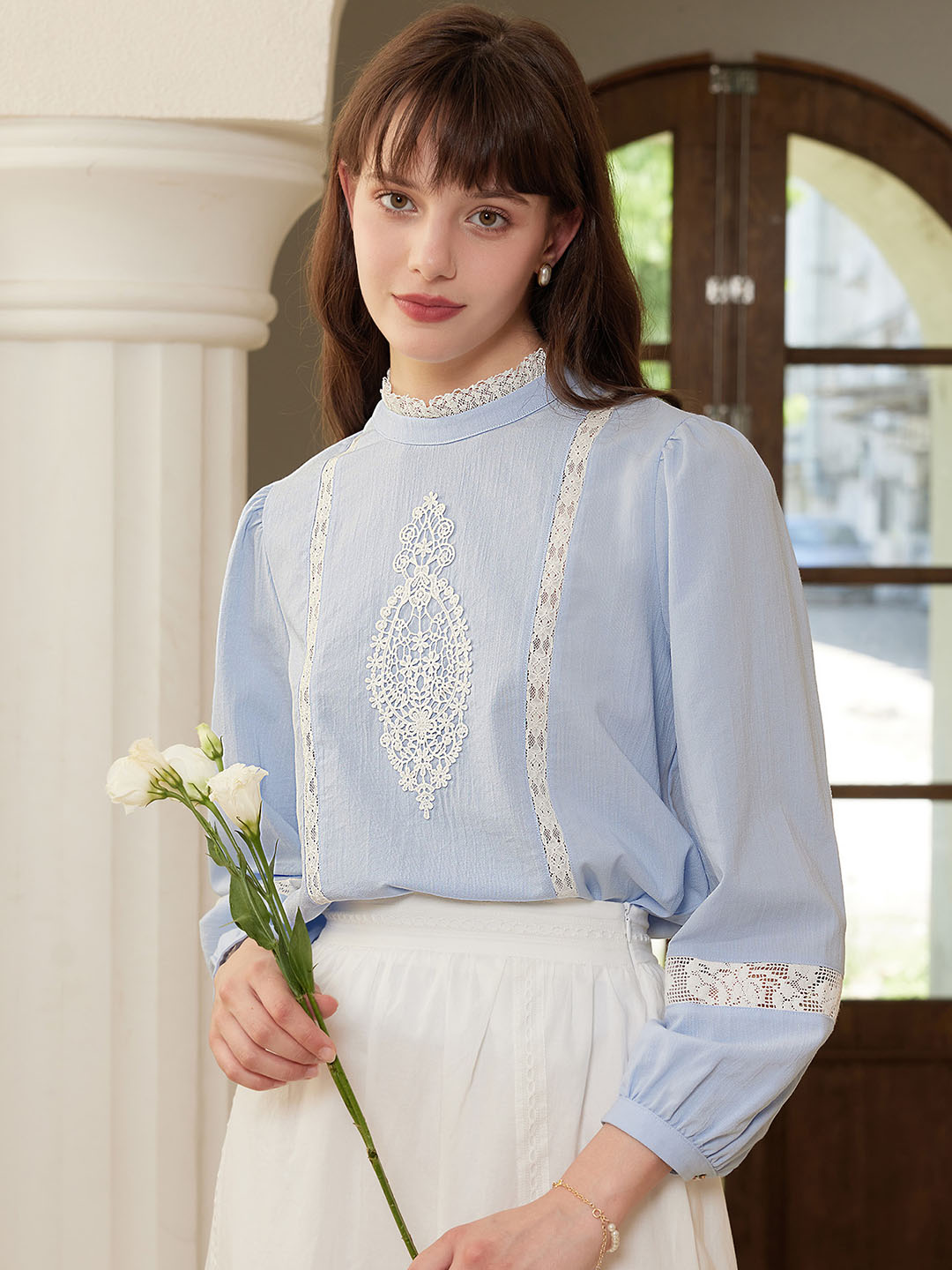 【Final Sale】Deborah Elegant Half Turtleneck Lace Panel Blouse