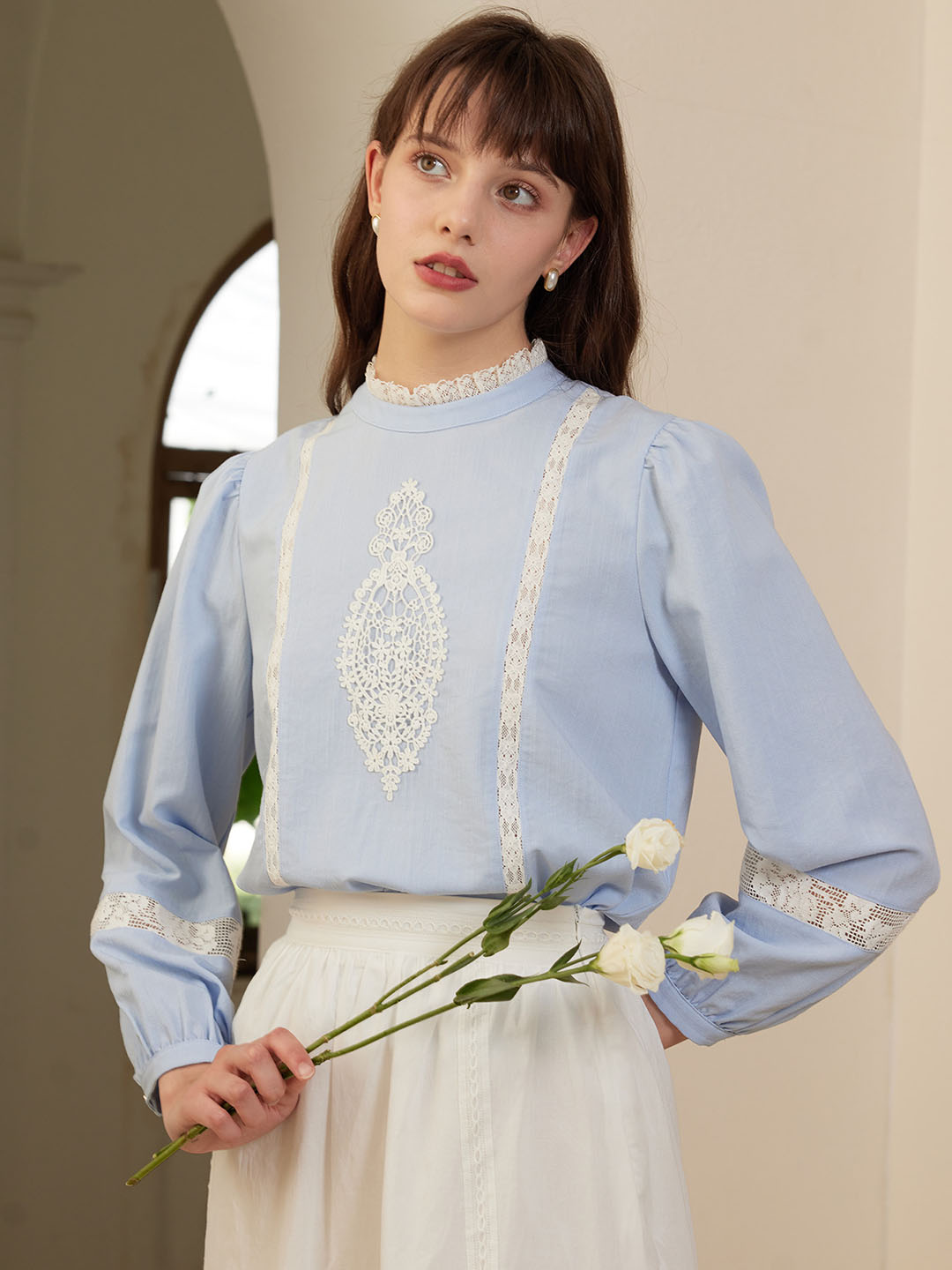 【Final Sale】Deborah Elegant Half Turtleneck Lace Panel Blouse