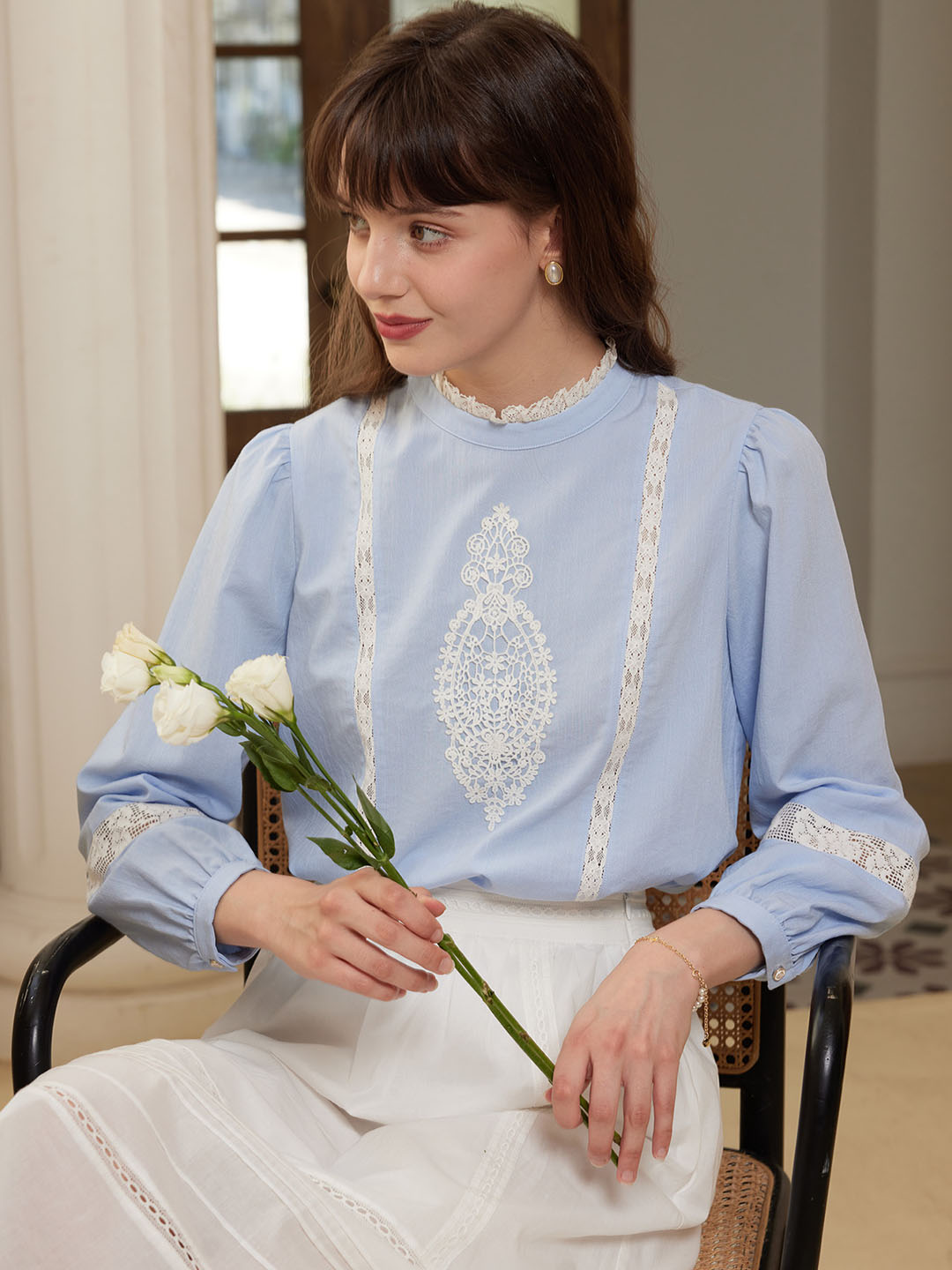 【Final Sale】Deborah Elegant Half Turtleneck Lace Panel Blouse