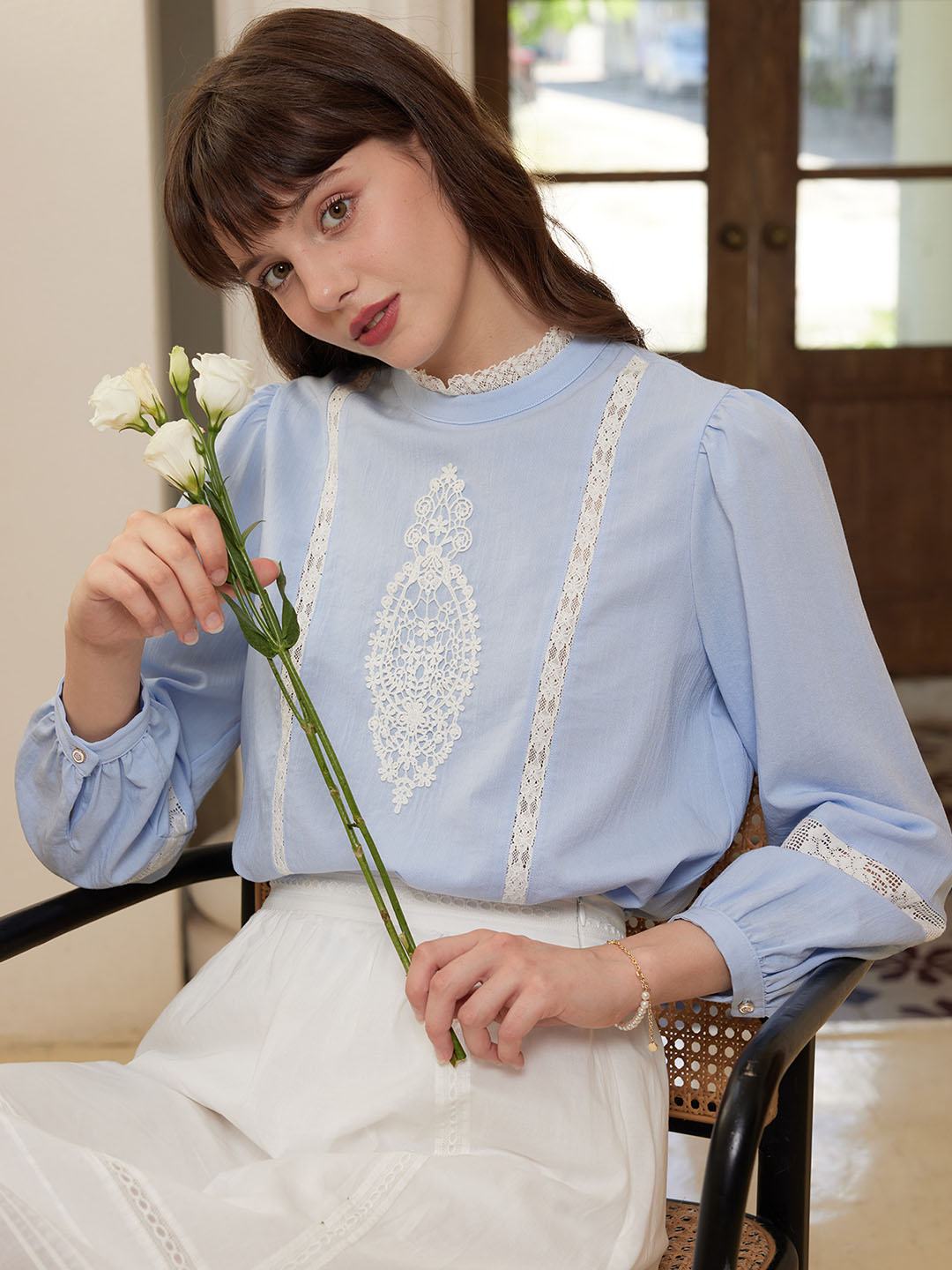 【Final Sale】Deborah Elegant Half Turtleneck Lace Panel Blouse