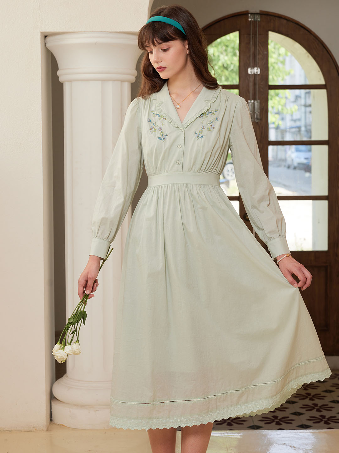 【Final Sale】Rowyn Floral Embroidery Lapel Collar Cotton Dress