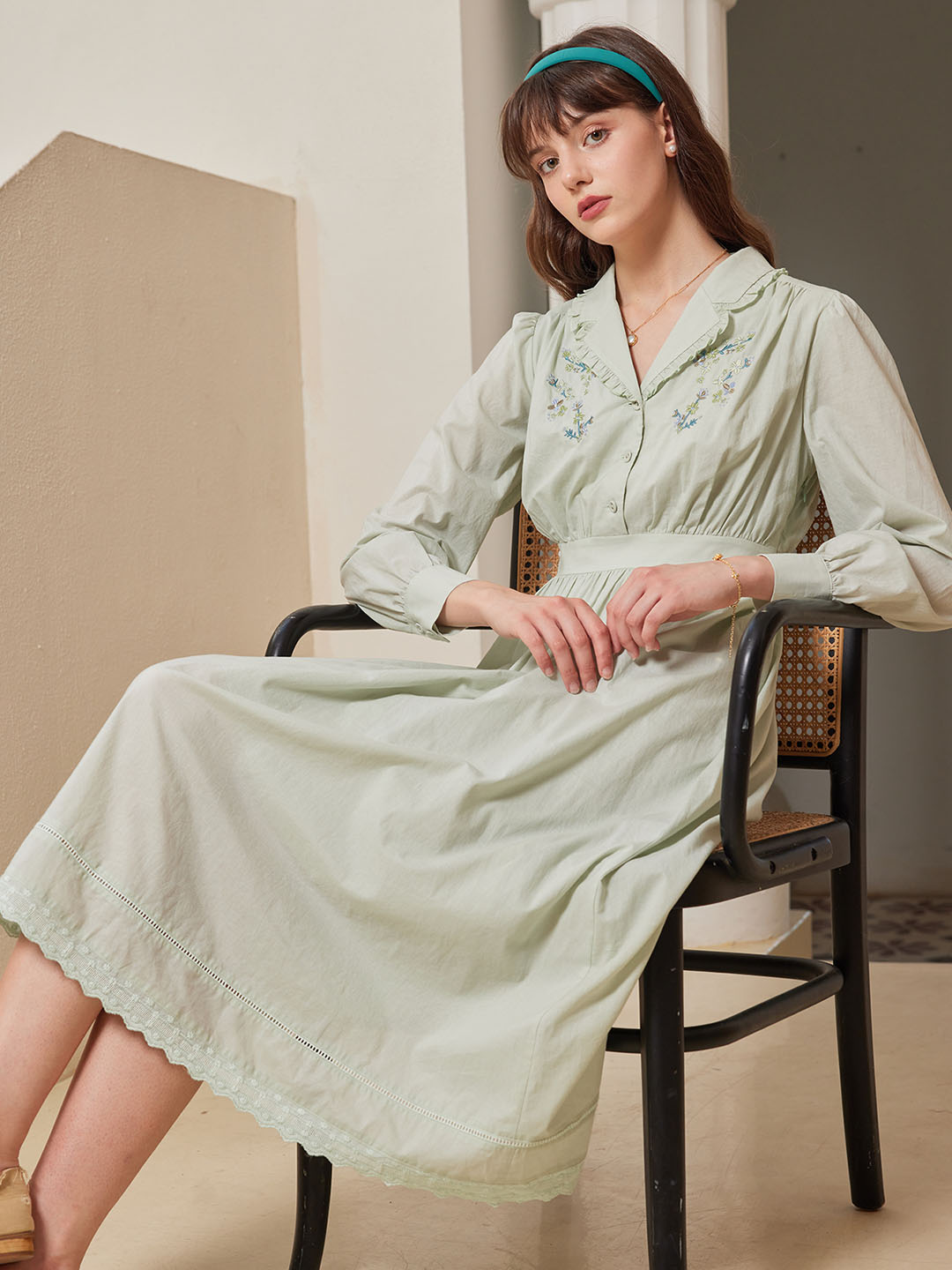 【Final Sale】Rowyn Floral Embroidery Lapel Collar Cotton Dress