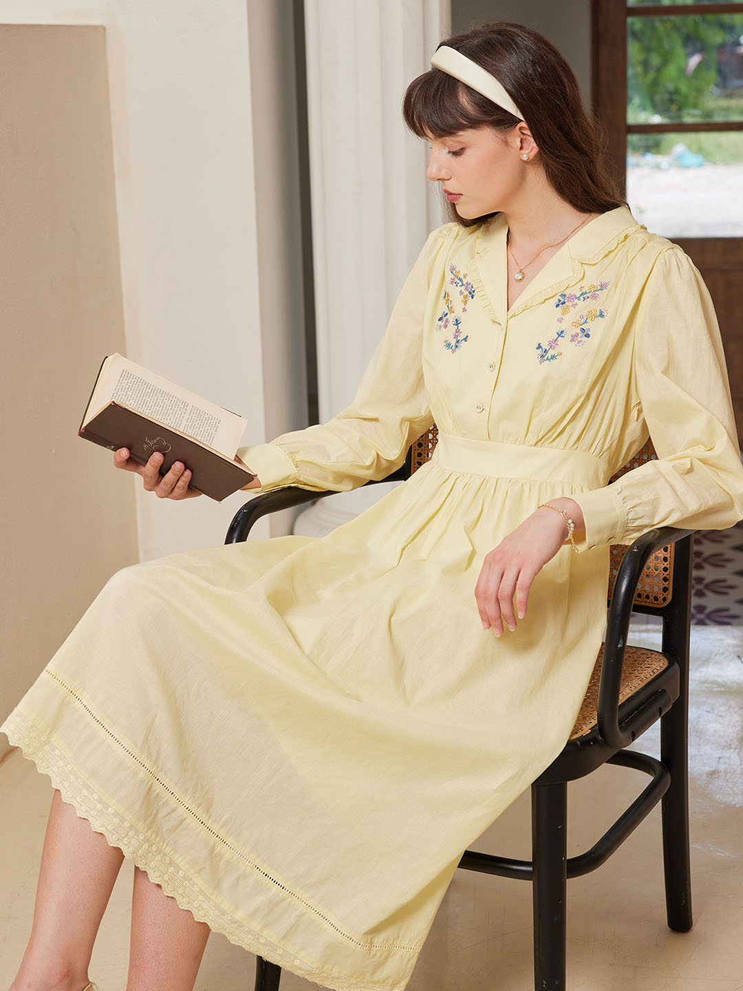 【Final Sale】Rowyn Floral Embroidery Lapel Collar Cotton Dress