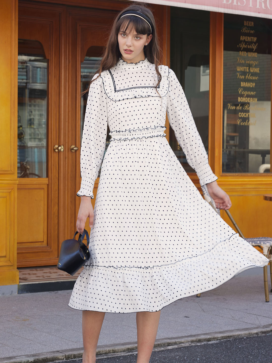 【Final Sale】Rosalina Half Turtleneck Polka Dot Contrast Lace Panel Dress