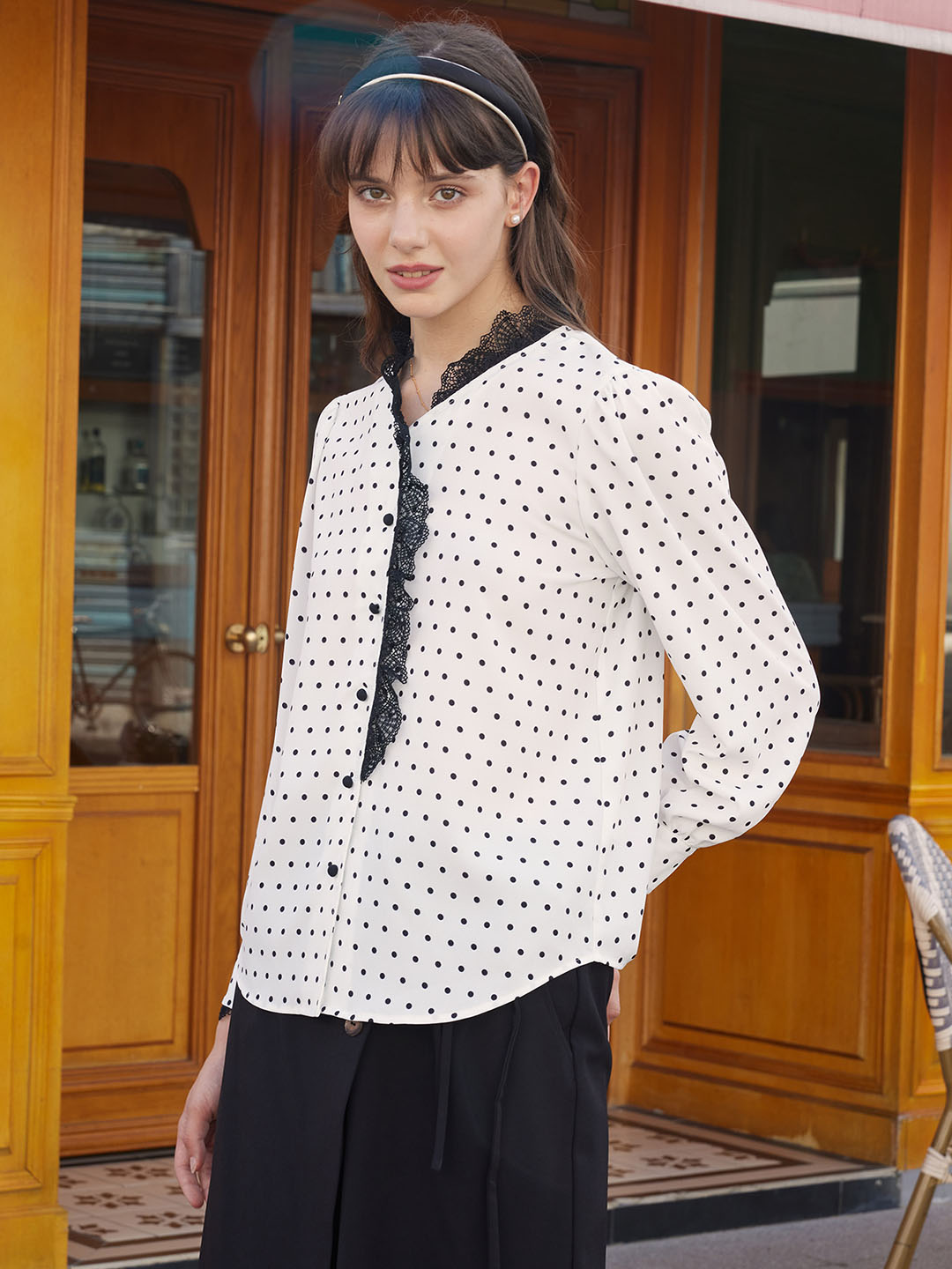 Rosalina Polka Dot Contrast Lace Panel Blouse