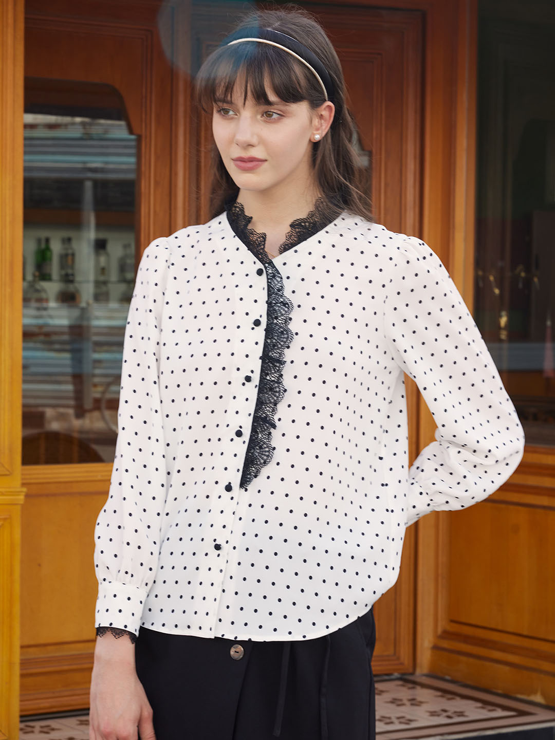 Rosalina Polka Dot Contrast Lace Panel Blouse