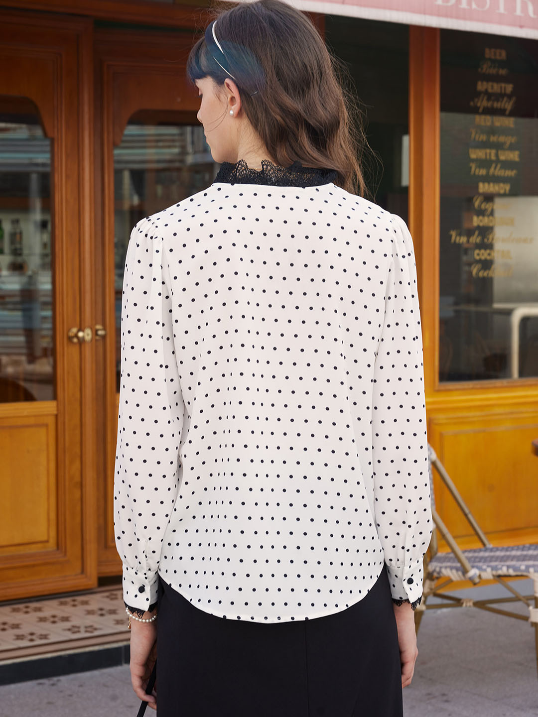 Rosalina Polka Dot Contrast Lace Panel Blouse