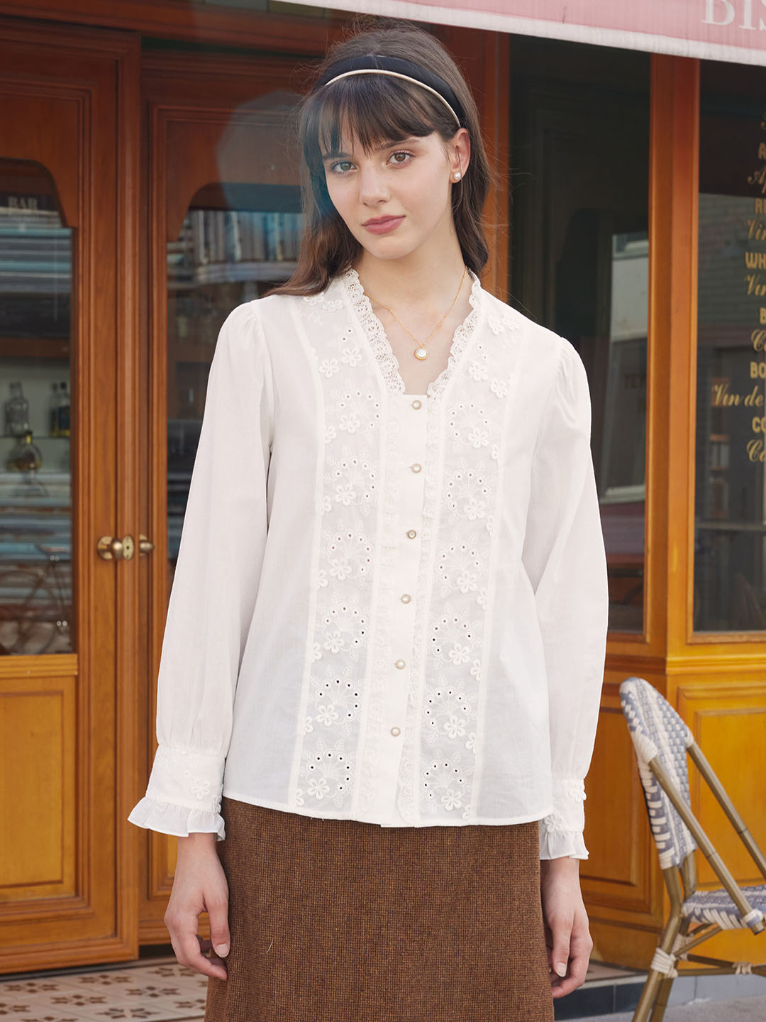 【Final Sale】Nyra Lace Panel Embroidery Ruffle Sleeve Cotton Blouse