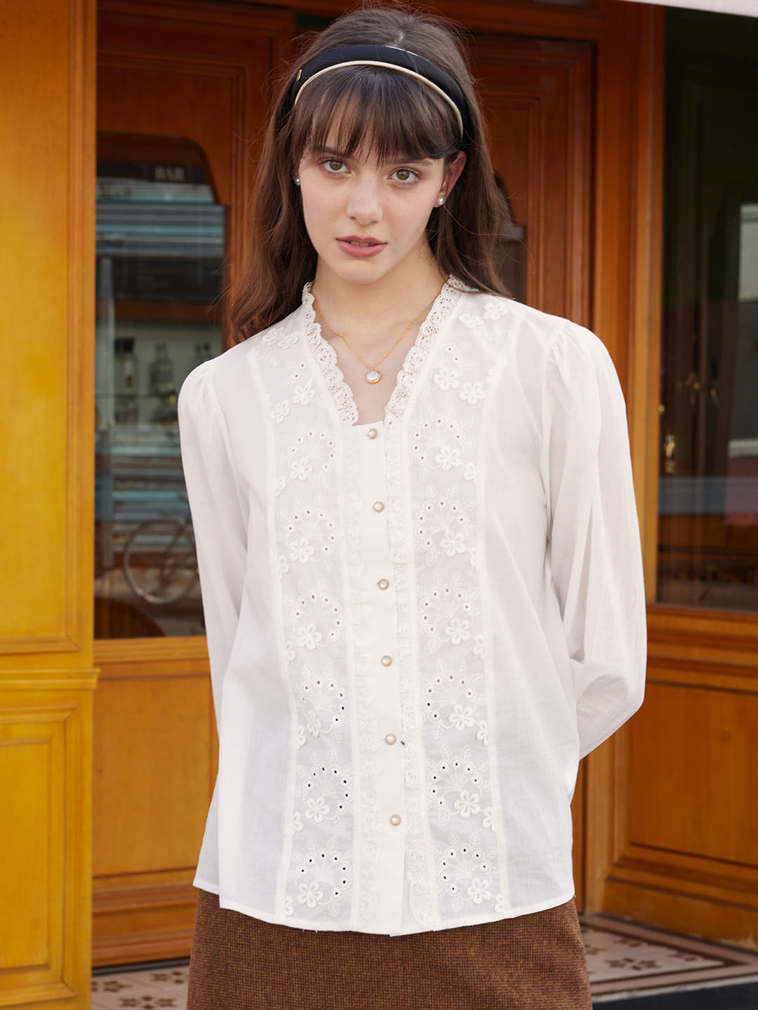 【Final Sale】Nyra Lace Panel Embroidery Ruffle Sleeve Cotton Blouse